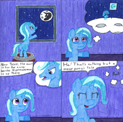 Size: 2655x2636 | Tagged: safe, artist:eternaljonathan, character:jack pot, character:trixie, species:pony, g4, comic, flag, ink, moon, plot, traditional art