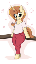 Size: 2160x3820 | Tagged: safe, artist:andelai, oc, oc only, oc:celice, species:pony, species:unicorn, bipedal, clothing, female, heart, looking at you, mare, pants, semi-anthro, shirt, solo
