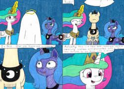 Size: 4233x3053 | Tagged: safe, artist:eternaljonathan, character:princess celestia, character:princess luna, species:alicorn, species:pony, comic:first three back, accessories, bedroom, canterlot, canterlot castle, comic, crying, deviantart, royal sisters, tears of joy, traditional art