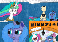 Size: 4241x3062 | Tagged: safe, artist:eternaljonathan, character:princess celestia, character:princess luna, species:alicorn, species:pony, comic:first three back, accessories, canterlot, canterlot castle, comic, deviantart, fireworks, royal sisters, traditional art, whinnyland