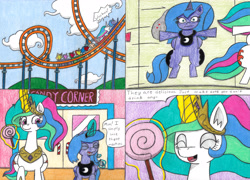 Size: 4247x3058 | Tagged: safe, artist:eternaljonathan, character:princess celestia, character:princess luna, species:alicorn, species:pony, comic:first three back, candy, comic, deviantart, flattened, food, gravitron, roller coaster, royal sisters, traditional art, whinnyland