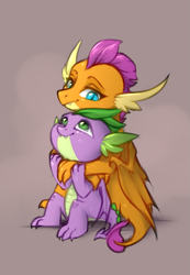 Size: 841x1213 | Tagged: safe, artist:vincher, character:smolder, character:spike, species:dragon, ship:spolder, claws, cuddling, cute, dragoness, duo, eye contact, female, friends, friendship, gray background, hug, lidded eyes, looking at each other, looking up, male, shipping, simple background, sitting, smiling, smolderbetes, spikabetes, spikelove, spooning, spread wings, straight, wholesome, winged spike, wings