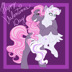 Size: 1024x1024 | Tagged: safe, artist:azure-art-wave, oc, oc only, oc:barbara, oc:dovely pinup, parent:cotton sky, parent:fashion plate, parent:hoity toity, species:earth pony, species:pegasus, species:pony, female, half-siblings, hug, magical gay spawn, male, mare, stallion