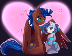 Size: 2769x2165 | Tagged: safe, artist:airiniblock, rcf community, oc, oc only, oc:ash wing, oc:nimble wing, species:earth pony, species:pegasus, species:pony, episode:hearts and hooves day, g4, my little pony: friendship is magic, commission, ear fluff, eye contact, heart, heart background, heterochromia, holiday, hug, jewelry, looking at each other, mechanical legs, necklace, one hoof raised, shipping, valentine's day, winghug