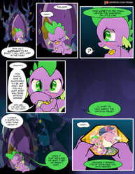 Size: 1275x1650 | Tagged: safe, artist:dsana, character:spike, character:twilight sparkle, species:dragon, species:pony, species:unicorn, comic:the shadow shard, baby, baby spike, comic, crying, dialogue, duo, female, filly, filly twilight sparkle, gem, inner thoughts, male, mama twilight, memory, semi-grimdark series, younger