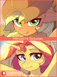Size: 2082x2809 | Tagged: safe, artist:fensu-san, character:applejack, character:sunset shimmer, species:anthro, advertisement, armpits, looking at you, patreon, patreon logo, patreon preview, paywall content