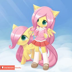 Size: 1000x1000 | Tagged: safe, artist:howxu, character:fluttershy, species:anthro, species:pegasus, species:pony, :o, anthro ponidox, anthro with ponies, blushing, clothing, cloud, crepuscular rays, cute, ear fluff, female, filly, filly fluttershy, hnnng, looking at something, mare, mary janes, miniskirt, open mouth, patreon, patreon logo, pleated skirt, ponidox, raised hoof, school uniform, schoolgirl, self ponidox, shoes, shyabetes, skirt, sky, socks, spread wings, weapons-grade cute, wings, younger
