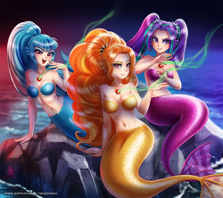 Size: 1125x1000 | Tagged: safe, artist:racoonsan, character:adagio dazzle, character:aria blaze, character:sonata dusk, species:human, species:siren, adoragio, adorasexy, ariabetes, bare shoulders, belly button, blurred background, breasts, cute, cute little fangs, ear fins, eyelashes, eyeshadow, fangs, feeding, female, fish tail, gem, hair tie, humanized, lidded eyes, long nails, looking at you, magic, makeup, mermaid, mermaidized, nail polish, negative energy, noblewoman's laugh, ocean, open mouth, outdoors, patreon, pigtails, ponytail, raised eyebrow, reasonably sized breasts, rock, scales, sexy, siren gem, sirens doing siren things, sitting, sleeveless, smiling, smirk, sonatabetes, species swap, spiked headband, starfish, the dazzlings, trio, twintails, water