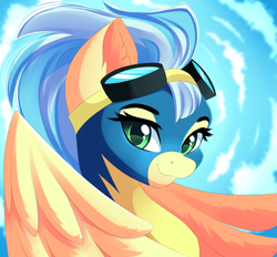 Size: 2541x2360 | Tagged: safe, artist:airiniblock, rcf community, character:misty fly, species:pegasus, species:pony, beautiful, clothing, cloud, cute, ear fluff, featured on derpibooru, female, goggles, mare, sexy, sky, solo, uniform, wonderbolts uniform