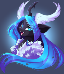 Size: 3840x4444 | Tagged: safe, artist:airiniblock, rcf community, oc, oc only, oc:moxithya, species:changeling, species:mothpony, blue changeling, bust, changeling oc, fangs, female, gradient background, looking at you, moth, open mouth, original species, slit eyes, solo, species swap