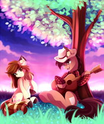 Size: 3732x4444 | Tagged: safe, artist:airiniblock, rcf community, oc, oc only, species:earth pony, species:pony, chest fluff, clothing, color porn, commission, female, grass, guitar, hat, male, mare, open mouth, sky, smiling, stallion, tree