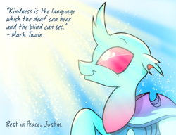 Size: 2422x1864 | Tagged: safe, artist:dsana, oc, oc only, oc:dopple, species:changeling, species:reformed changeling, changedling oc, changeling oc, dsana is trying to murder us, in memoriam, justin blum, light, looking up, mark twain, memorial, quote, raised leg, rest in peace, smiling, solo, sunshine, tribute