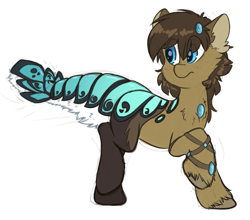 Size: 3487x3073 | Tagged: safe, artist:fluffyxai, oc, oc only, oc:spirit wind, species:pony, armband, armor, blushing, bracelet, cheek fluff, chest fluff, closed species, confused, ear fluff, fluffy, frown, gem, hair ornament, jewelry, leg fluff, lobster tail, looking back, male, original species, raised hoof, raised leg, scales, simple background, solo, species swap, stallion, suisei pony, tail fluff, transformation, white background, wide eyes, worried
