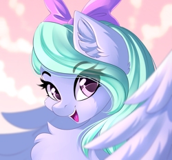 Size: 3713x3449 | Tagged: safe, artist:airiniblock, rcf community, character:flitter, species:pegasus, species:pony, beautiful, bust, cheek fluff, chest fluff, cloud, commission, cute, ear fluff, evening, eye clipping through hair, female, flitterbetes, looking at you, mare, open mouth, portrait, sky, smiling, solo, spread wings, wings