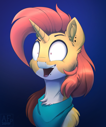 Size: 2731x3278 | Tagged: safe, artist:airfly-pony, rcf community, oc, oc only, oc:autumn fire, species:pony, bust, crazy face, faec, male, open mouth, piercing, portrait, smiling, solo, teeth