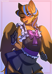 Size: 2894x4093 | Tagged: safe, artist:yukomaussi, derpibooru original, oc, oc:cold front, species:anthro, species:pegasus, species:pony, blushing, bow, choker, clothing, crossdressing, dress, frills, gloves, looking at you, male, one eye closed, simple background, smiling, solo, wink