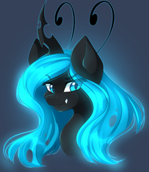 Size: 3840x4444 | Tagged: safe, artist:airiniblock, rcf community, oc, oc only, oc:queen fylifa, species:changeling, species:pony, absurd resolution, blue changeling, changeling oc, changeling queen, changeling queen oc, commission, cute, cute little fangs, digital art, fangs, female, gradient background, looking at you, mare, smiling, smirk, solo