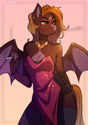 Size: 2894x4093 | Tagged: safe, artist:yukomaussi, oc, oc only, oc:fire glow, species:anthro, species:bat pony, anthro oc, bat pony oc, bat wings, breasts, cigarette, cleavage, clothing, dress, female, garters, jewelry, necklace, purse, side slit, smoking, socks, solo, stockings, strapless dress, thigh highs, wings