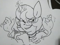 Size: 1227x920 | Tagged: safe, artist:paper view of butts, oc, oc:paper butt, oc:shy art, species:anthro, species:pony, species:unicorn, black and white, close-up, clothing, collar, comic, female, glasses, grayscale, hand, horn, ink, ink drawing, leash, magic, magic hands, male, monochrome, traditional art