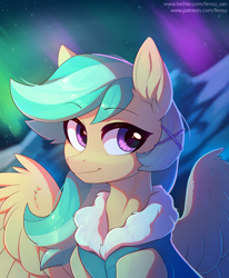 Size: 4120x5000 | Tagged: safe, artist:fensu-san, oc, oc only, oc:summer ray, species:pegasus, species:pony, g4, absurd resolution, aurora borealis, bust, clothing, cute, female, hairpin, mare, mountain, night, night sky, ocbetes, pegasus oc, portrait, sky, snow, solo, spread wings, starry night, three quarter view, wing fluff, wings, winter