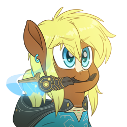 Size: 4000x4000 | Tagged: safe, artist:fluffyxai, character:quarter hearts, species:pony, clothing, cute, holding, jewelry, link, male, mouth hold, ponytail, quarterbetes, solo, stallion, the legend of zelda, the legend of zelda: breath of the wild, weapon