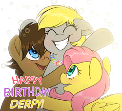 Size: 2200x2000 | Tagged: safe, artist:fluffyxai, character:derpy hooves, character:fluttershy, oc, oc:spirit wind, bubble, flower, group hug, happy, hug, smiling, text