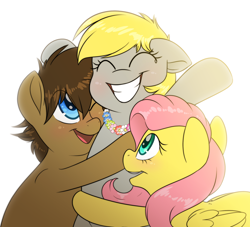 Size: 2200x2000 | Tagged: safe, artist:fluffyxai, character:derpy hooves, character:fluttershy, oc, oc:spirit wind, species:pony, group hug, happy, hug, simple background, smiling, white background
