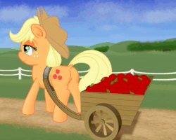Size: 960x768 | Tagged: safe, artist:cybersquirrel, character:applejack, species:earth pony, species:pony, animated, apple, apple cart, clothing, cutie mark, dock, female, food, freckles, hat, loop, no sound, outdoors, solo, webm
