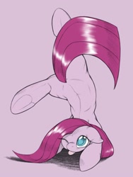 Size: 1500x2000 | Tagged: safe, artist:kurogewapony, character:pinkamena diane pie, character:pinkie pie, species:earth pony, species:pony, blep, colored pupils, cute, cuteamena, diapinkes, female, floppy ears, handstand, looking up, mare, mlem, one eye closed, pink background, silly, simple background, solo, tongue out, underhoof, upside down, wink