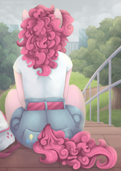 Size: 3507x4960 | Tagged: safe, artist:kikirdcz, character:pinkie pie, species:anthro, species:earth pony, species:pony, absurd resolution, balloonbutt, butt, clothing, facing away, female, mare, plot, rear view, sitting, tree