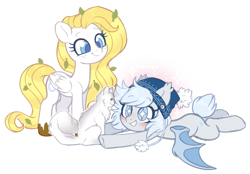Size: 2741x1909 | Tagged: safe, artist:hawthornss, oc, oc only, oc:cobalt tangle, oc:silver puff, oc:snow puff, species:bat pony, species:pegasus, species:pony, bat pony oc, blushing, cat, clothing, cute, female, hat, leaves, long mane, lying down, mare, muddy hooves, prone, simple background, smiling, text, underhoof, watermark, white background, wingding eyes