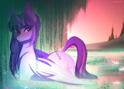 Size: 5650x4093 | Tagged: safe, artist:yukomaussi, character:twilight sparkle, character:twilight sparkle (alicorn), species:alicorn, species:pony, female, forest, lake, looking at you, mare, nature, raised tail, solo, tail, water