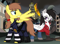 Size: 1591x1190 | Tagged: safe, artist:flash equestria photography, oc, oc only, oc:glace plume, oc:rory kenneigh, species:classical hippogriff, species:hippogriff, species:pegasus, species:pony, beard, burning, claire redfield, clothing, cosplay, costume, destruction, facial hair, glaceigh, jacket, leather jacket, leon s. kennedy, ponytail, resident evil, toy gun