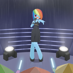 Size: 1200x1200 | Tagged: safe, artist:howxu, character:rainbow dash, species:anthro, species:unguligrade anthro, black dress, clothing, commissioner:ajnrules, dress, female, glowstick, hair over one eye, little black dress, microphone, open mouth, rain, rainbow dash always dresses in style, singing, singing in the rain, solo, spotlight, umbrella, wet clothes, wet dress