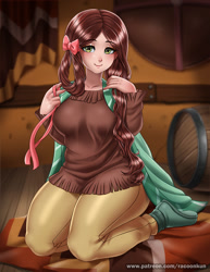 Size: 773x1000 | Tagged: safe, artist:racoonsan, character:yona, species:human, season 8, adorasexy, alternate version paywall, anime, barrel, boots, bow, breasts, busty yona, clothing, cute, female, humanized, kneeling, lidded eyes, loose hair, older, sexy, shoes, smiling, solo, thighs, thunder thighs, yonadorable