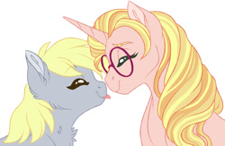 Size: 1024x666 | Tagged: safe, artist:azure-art-wave, character:derpy hooves, character:honey lemon, species:pony, eyes closed, female, lesbian, nuzzling, shipping, simple background, white background