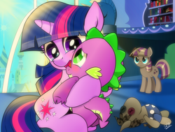 Size: 1032x779 | Tagged: safe, artist:dsana, character:smarty pants, character:spike, character:twilight sparkle, character:twilight velvet, species:dragon, species:pony, baby, baby dragon, baby spike, best friends, bookshelf, crying, cute, cutie mark, daughter, doll, female, filly, filly twilight sparkle, mare, mother, plushie, proud, smiling, spikelove, sun, sunlight, tears of joy, toy, twilight's canterlot home, younger