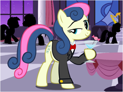 Size: 800x600 | Tagged: safe, artist:flash equestria photography, character:bon bon, character:sweetie drops, species:earth pony, species:pony, alcohol, background pony, bon bond, bow tie, candy, clothing, drink, female, food, grand galloping gala, mare, martini, show accurate, smiling, solo, solo focus, tuxedo