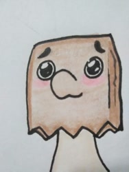 Size: 690x920 | Tagged: safe, artist:paper view of butts, oc, oc:paper bag, species:pony, big eyes, blushing, paper bag, simple background, solo, traditional art, white background