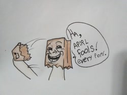 Size: 1227x920 | Tagged: safe, artist:paper view of butts, oc, oc:paper bag, species:pony, april fools joke, dialogue, meme, paper bag, simple background, solo, traditional art, trollface, white background