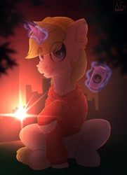 Size: 2176x3000 | Tagged: safe, artist:airfly-pony, rcf community, oc, oc only, oc:markov strange, species:pony, city, cityscape, clothing, coffee, hoodie, looking at you, male, solo, starbucks, sunset