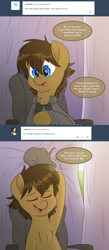 Size: 2000x4600 | Tagged: safe, artist:fluffyxai, oc, oc only, oc:spirit wind, species:pony, ask, clothing, curtains, cute, dialogue, eyes closed, jewelry, male, necklace, smiling, solo, speech bubble, stallion, tumblr, tumblr:ask spirit wind