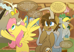 Size: 5000x3500 | Tagged: safe, artist:fluffyxai, character:derpy hooves, character:discord, character:fluttershy, oc, oc:spirit wind, angry, dialogue, fluttershy's cottage, food, frown, mind control, muffin, murderous intent, noogie, speech bubble, swirly eyes, tumblr:ask spirit wind