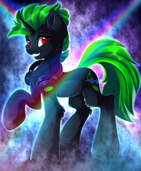 Size: 3681x4444 | Tagged: safe, artist:airiniblock, rcf community, oc, oc only, species:pony, species:unicorn, absurd resolution, chest fluff, commission, handsome, headphones, looking at you, male, raised hoof, red eyes, solo