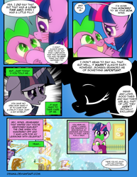 Size: 1275x1650 | Tagged: safe, artist:dsana, character:spike, character:twilight sparkle, character:twilight sparkle (alicorn), species:alicorn, species:dragon, species:pony, comic:the shadow shard, baby, baby spike, canterlot, comic, crying, dialogue, duo, female, filly, filly twilight sparkle, flashback, male, mama twilight, mare, offscreen character, semi-grimdark series, snow, snowfall, tears of joy, twilight's canterlot home, younger
