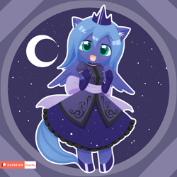 Size: 1200x1200 | Tagged: safe, artist:howxu, character:princess luna, species:alicorn, species:anthro, chibi, clothing, crescent moon, crown, cute, dawwww, dress, female, filly, hnnng, jewelry, looking at you, lunabetes, moon, patreon, patreon logo, regalia, s1 luna, solo, wings, woona, younger