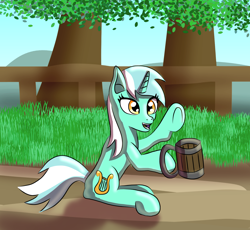 Size: 1628x1496 | Tagged: safe, artist:platinumdrop, character:lyra heartstrings, species:pony, species:unicorn, cider, cutie mark, female, grass, hooves, horn, mare, open mouth, shadow, solo, tankard, tree