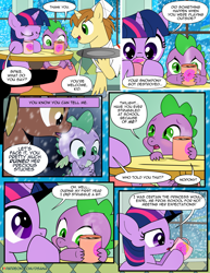 Size: 1275x1650 | Tagged: safe, artist:dsana, character:donut joe, character:spike, character:twilight sparkle, character:twilight sparkle (unicorn), species:dragon, species:pony, species:unicorn, comic:the shadow shard, bully, bullying, chocolate, colt, comic, dialogue, female, filly, filly twilight sparkle, flashback, food, hot chocolate, male, patreon, patreon logo, semi-grimdark series, stallion, younger