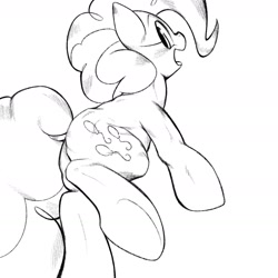 Size: 1536x1536 | Tagged: safe, artist:kurogewapony, character:pinkie pie, species:earth pony, species:pony, back, balloonbutt, butt, female, lineart, looking at you, looking back, looking back at you, mare, monochrome, open mouth, plot, simple background, smiling, solo, underhoof, white background