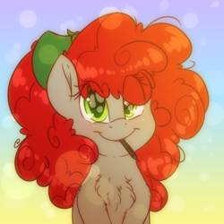 Size: 4000x4000 | Tagged: safe, artist:fluffyxai, oc, oc only, oc:scenic spatter, species:pegasus, species:pony, abstract background, adorable face, big smile, blushing, chest fluff, cute, fluffy, fluffy mane, looking at you, pen in mouth, poofy mane, smiling, solo, sparkly eyes, stylus